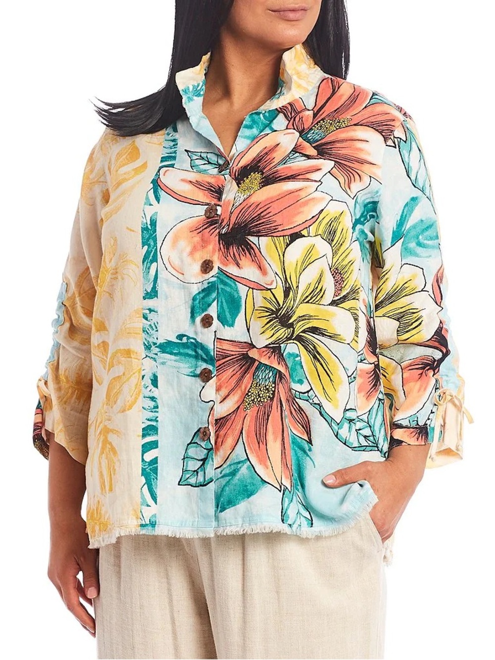 John Mark Wire Collar Raw Hem Pull Sleeve Linen Top in tropical floral print
